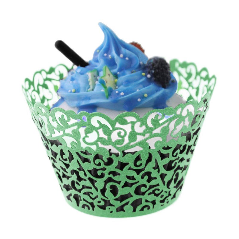 GOLF 100Pcs Cupcake Wrappers Artistic Bake Cake Paper Filigree Little Vine Lace Laser Cut Liner Baking Cup Wraps Muffin CaseTrays for Wedding Party Birthday Decoration (Green) - Image 2